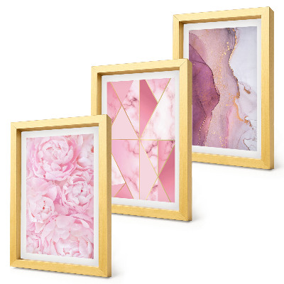 Triptyk tavla med ram Rosa blommor pioner geometriska mönster