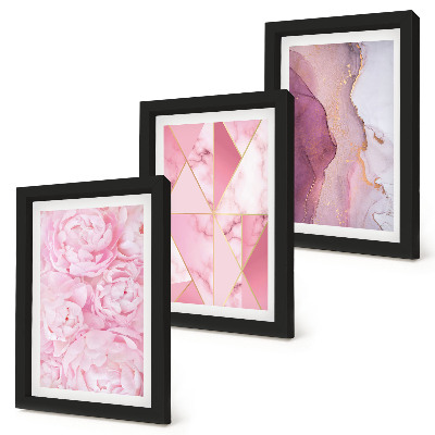 Triptyk tavla med ram Rosa blommor pioner geometriska mönster