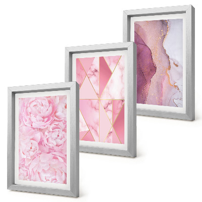 Triptyk tavla med ram Rosa blommor pioner geometriska mönster