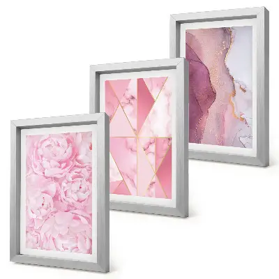 Triptyk med pioner och geometriska mönster tavla med ram i rosa nyanser