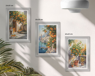 Triptyk tavla med ram Målade citrusfrukter och havslandskap