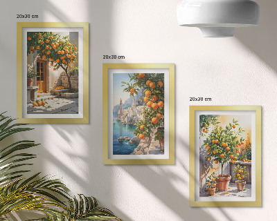 Triptyk tavla med ram Målade citrusfrukter och havslandskap