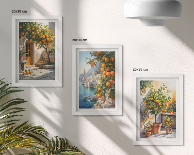 Triptyk tavla med ram Målade citrusfrukter och havslandskap