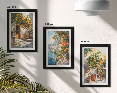 Triptyk tavla med ram Målade citrusfrukter och havslandskap