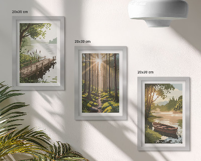 Posterpaket Fridfulla landskap av skog och sjö med båt