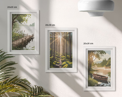 Posterpaket Fridfulla landskap av skog och sjö med båt
