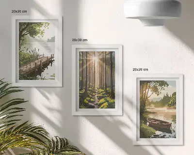 Posterpaket fridfulla landskap med skog, sjö och båt