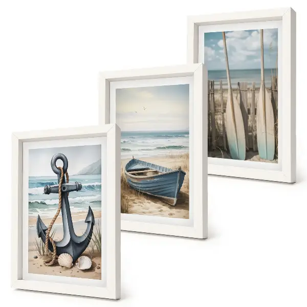 Triptyk tavla med ram motiv av båtankare och åror på stranden vid havet