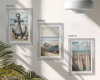 Triptyk tavla med ram motiv av båtankare och åror på stranden vid havet