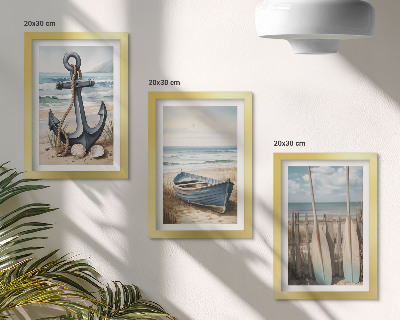Triptyk tavla med ram Båtankare och åror på stranden med havet