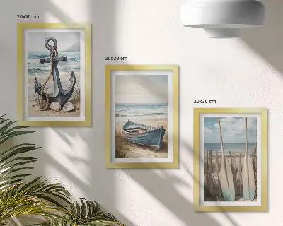 Triptyk tavla med ram motiv av båtankare och åror på stranden vid havet
