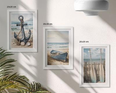 Triptyk tavla med ram Båtankare och åror på stranden med havet