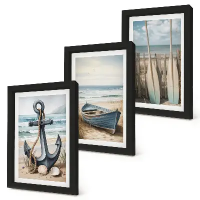 Triptyk tavla med ram motiv av båtankare och åror på stranden vid havet