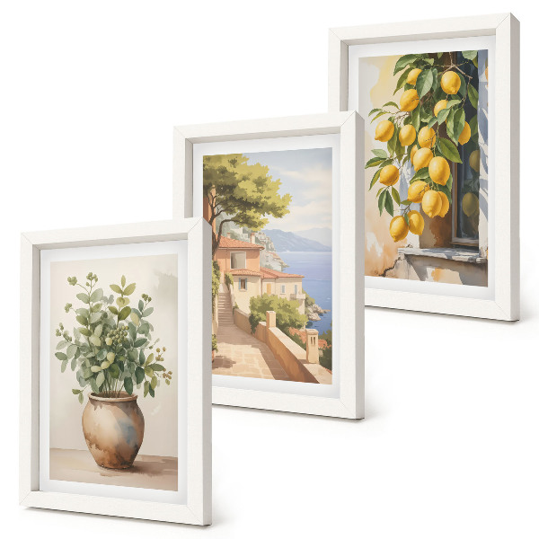 Posterpaket Blommor i en vas med utsikt över havet och citroner