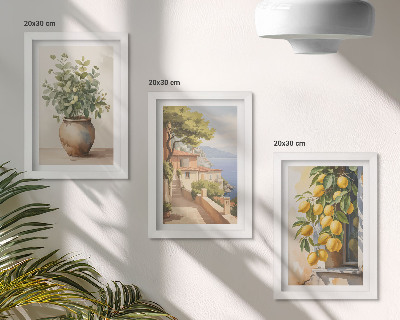 Posterpaket Blommor i en vas med utsikt över havet och citroner