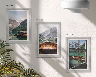 Triptyk tavla med ram Bergsjö med båt och trähus