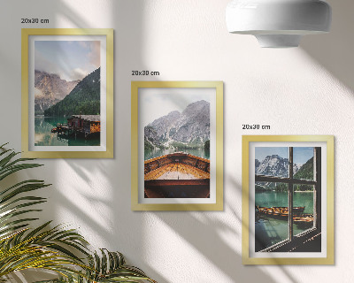 Triptyk tavla med ram Bergsjö med båt och trähus