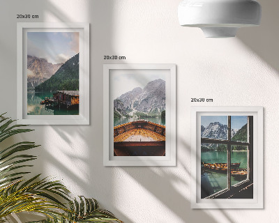Triptyk tavla med ram Bergsjö med båt och trähus