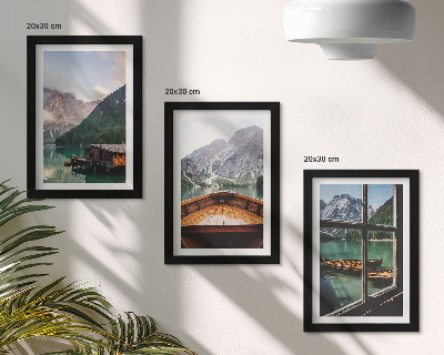 Triptyk tavla med ram Bergsjö med båt och trähus