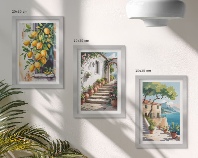 Triptyk tavla med ram Citroner mot en bakgrund av blommor och havsutsikt