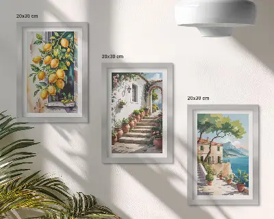 Triptyk med citrontema tavla med ram föreställande citroner mot en bakgrund av blommor och havsutsikt