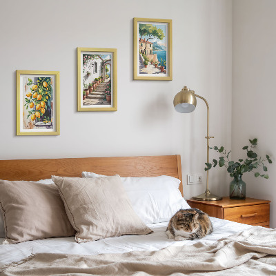 Triptyk tavla med ram Citroner mot en bakgrund av blommor och havsutsikt
