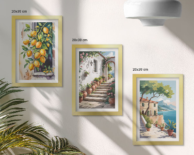 Triptyk tavla med ram Citroner mot en bakgrund av blommor och havsutsikt