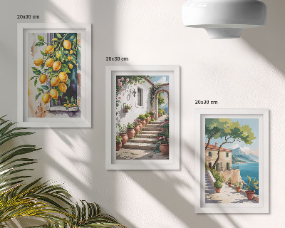 Triptyk tavla med ram Citroner mot en bakgrund av blommor och havsutsikt