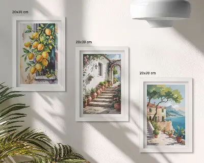 Triptyk med citrontema tavla med ram föreställande citroner mot en bakgrund av blommor och havsutsikt