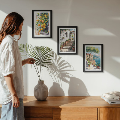 Triptyk tavla med ram Citroner mot en bakgrund av blommor och havsutsikt