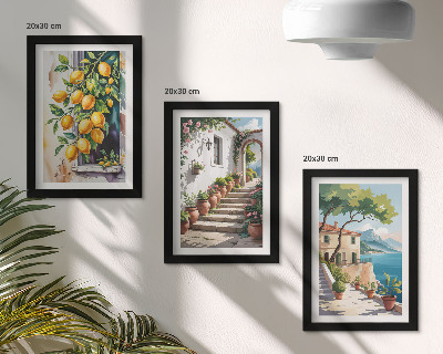 Triptyk tavla med ram Citroner mot en bakgrund av blommor och havsutsikt