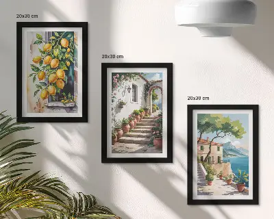 Triptyk med citrontema tavla med ram föreställande citroner mot en bakgrund av blommor och havsutsikt
