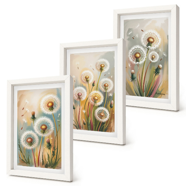 Triptyk tavla med ram Maskrosblommor mot en bakgrund av pastellfärgade gräs