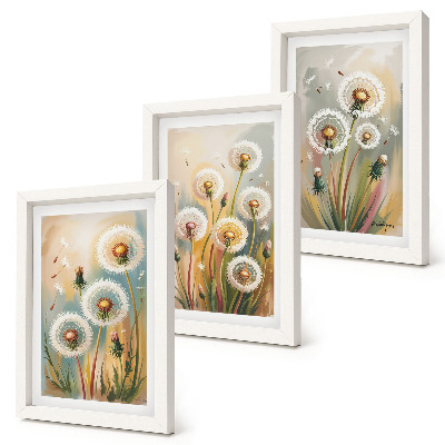 Triptyk tavla med ram Maskrosblommor mot en bakgrund av pastellfärgade gräs