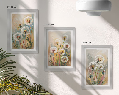 Triptyk tavla med ram Maskrosblommor mot en bakgrund av pastellfärgade gräs