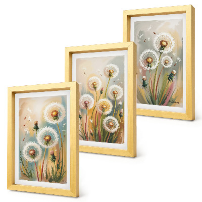 Triptyk tavla med ram Maskrosblommor mot en bakgrund av pastellfärgade gräs