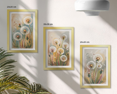 Triptyk tavla med ram Maskrosblommor mot en bakgrund av pastellfärgade gräs
