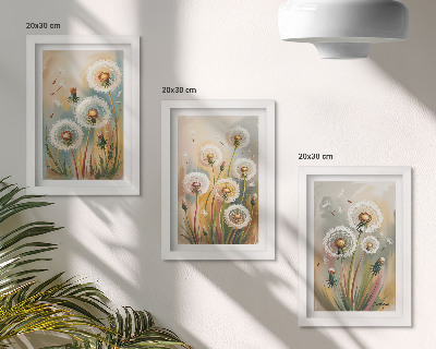 Triptyk tavla med ram Maskrosblommor mot en bakgrund av pastellfärgade gräs