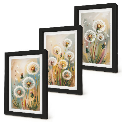 Triptyk tavla med ram Maskrosblommor mot en bakgrund av pastellfärgade gräs