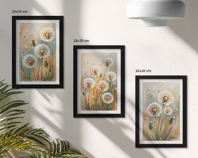 Triptyk tavla med ram Maskrosblommor mot en bakgrund av pastellfärgade gräs