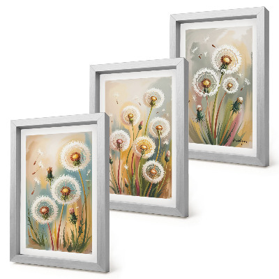 Triptyk tavla med ram Maskrosblommor mot en bakgrund av pastellfärgade gräs