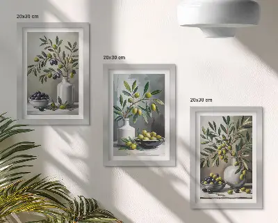 Triptyk tavla med ram oliver i keramiska rätter på grå bakgrund