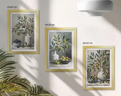 Triptyk tavla med ram oliver i keramiska rätter på grå bakgrund