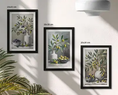 Triptyk tavla med ram oliver i keramiska rätter på grå bakgrund