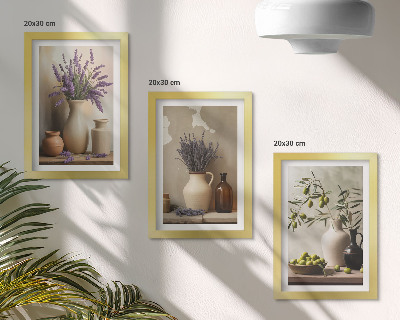 Tavelvägg med 3 tavlor Blommor i vaser, oliver och naturliga dekorationer