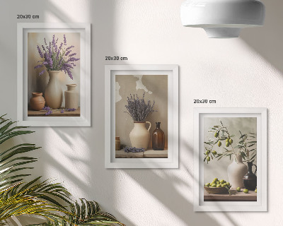 Tavelvägg med 3 tavlor Blommor i vaser, oliver och naturliga dekorationer