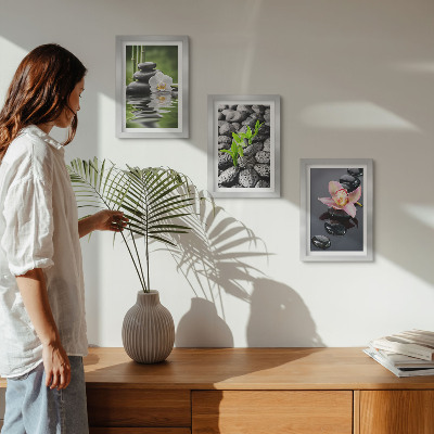 Posterpaket En fridfull zenkomposition av stenar och blommor på vatten