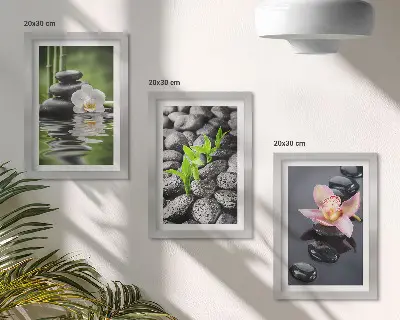 Posterpaket fridfull zenkomposition av stenar och blommor på vatten