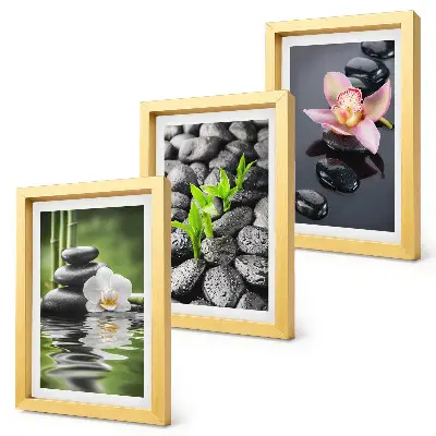 Posterpaket fridfull zenkomposition av stenar och blommor på vatten