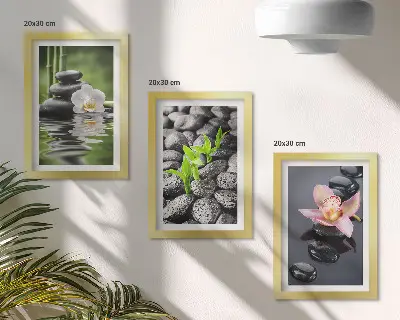 Posterpaket fridfull zenkomposition av stenar och blommor på vatten